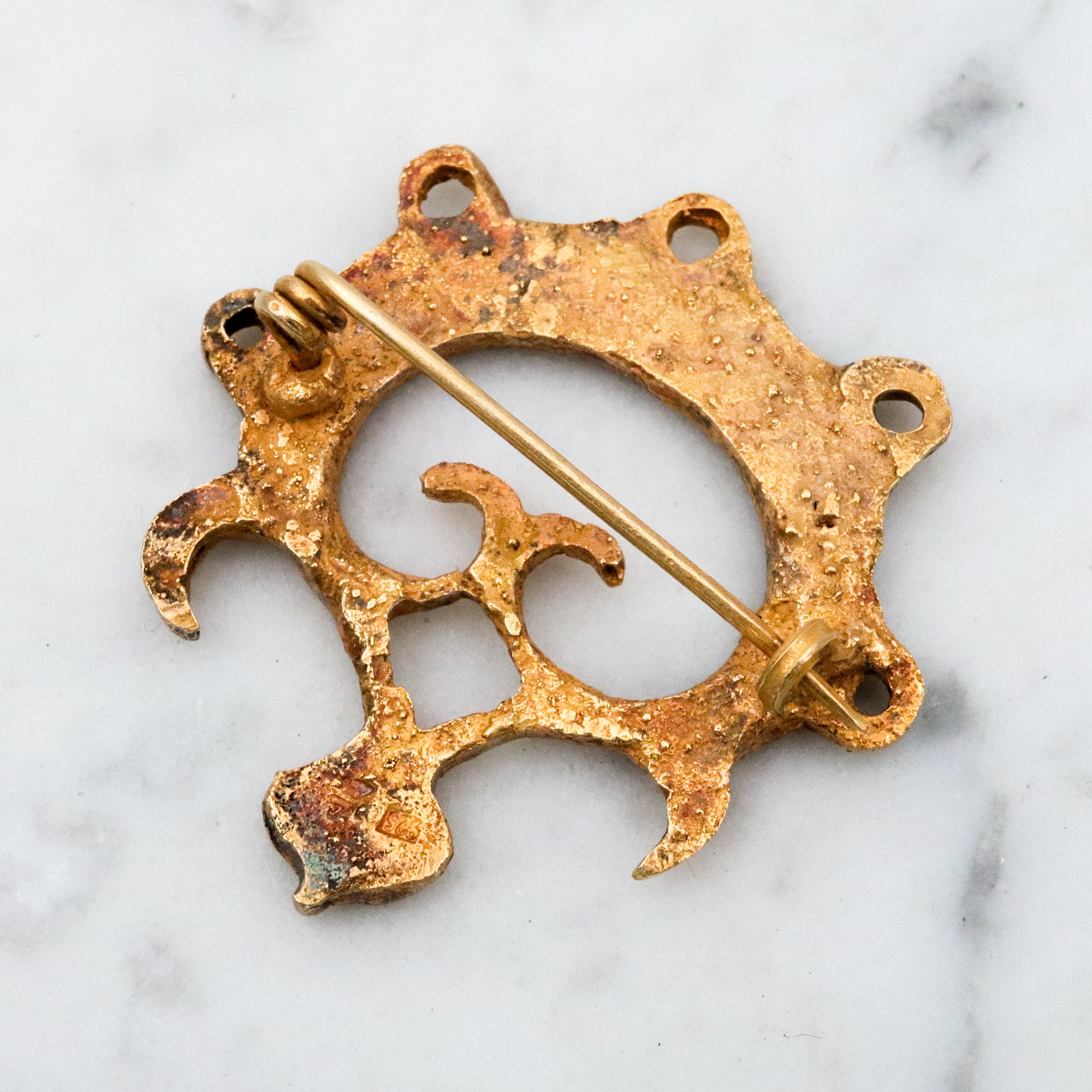 Vintage Pre-Columbian ancient artifact replica gold plated sand cast sterling brooch